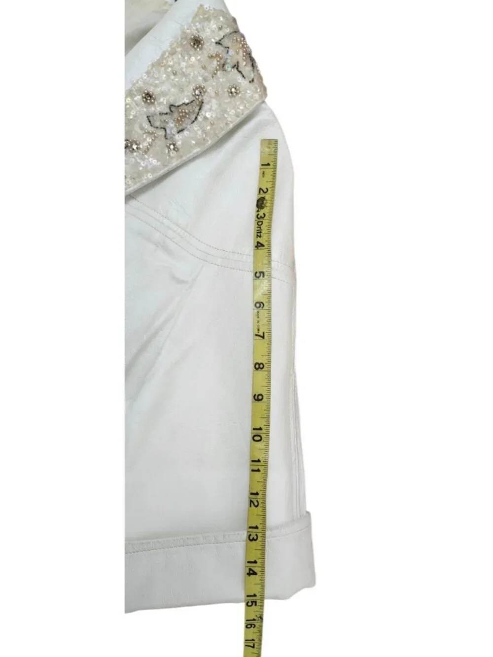 Vintage White Genuine Leather Beaded Sequin Jacket Women Cropped Open Front Boho